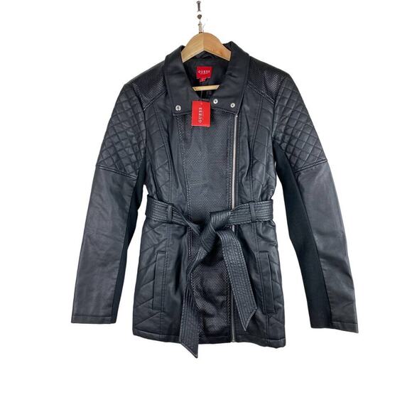 NWT Guess Size M Black Hollie Longline Quilted Faux Leather Moto Jacket - Picture 1 of 9